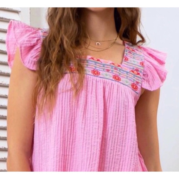 3 total- Embroidered Square Neckline Flutter Sleeve Pink Soft Top - Picture 6 of 6
